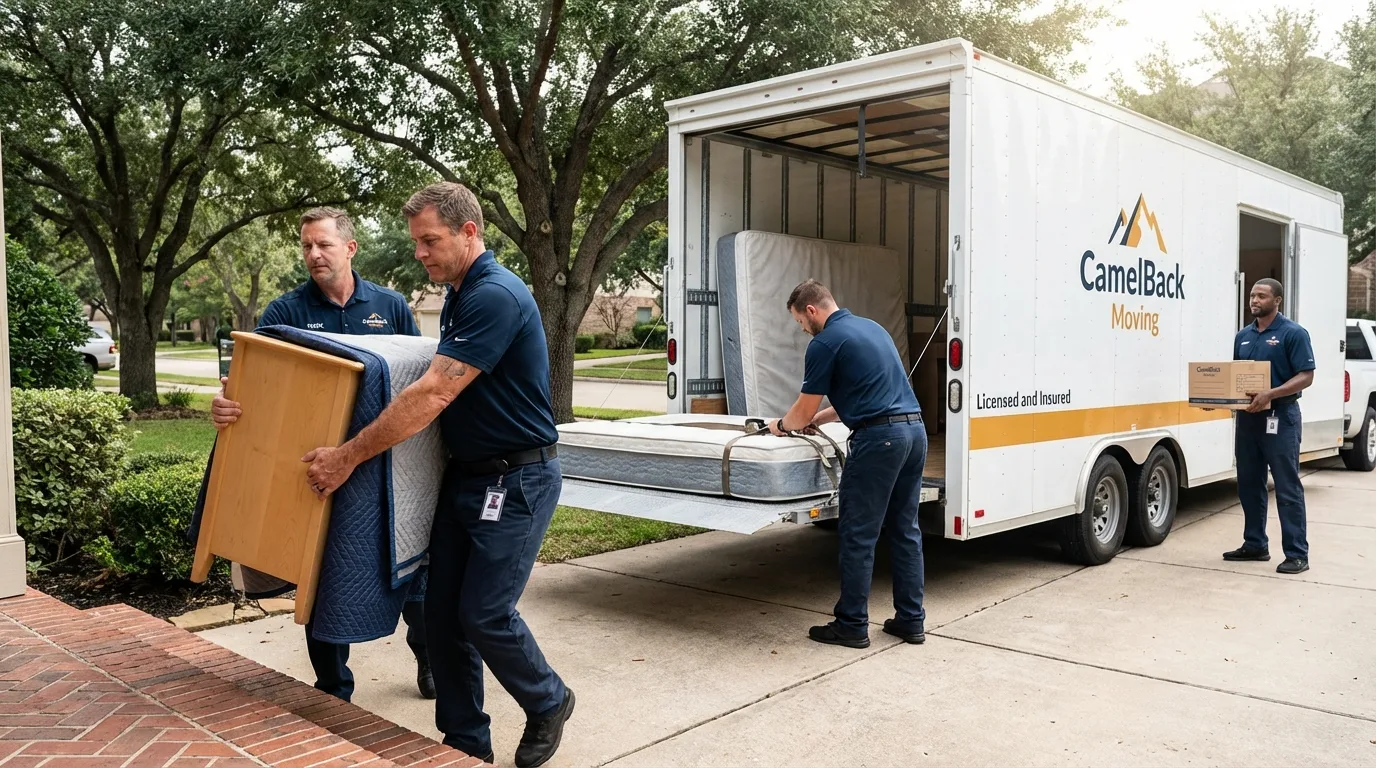 Crew loading residential truck for cross-state move from Niagara, WI
