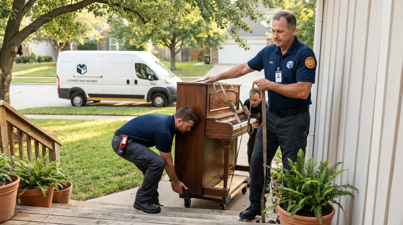 Licensed piano movers securing grand piano in Niagara, WI