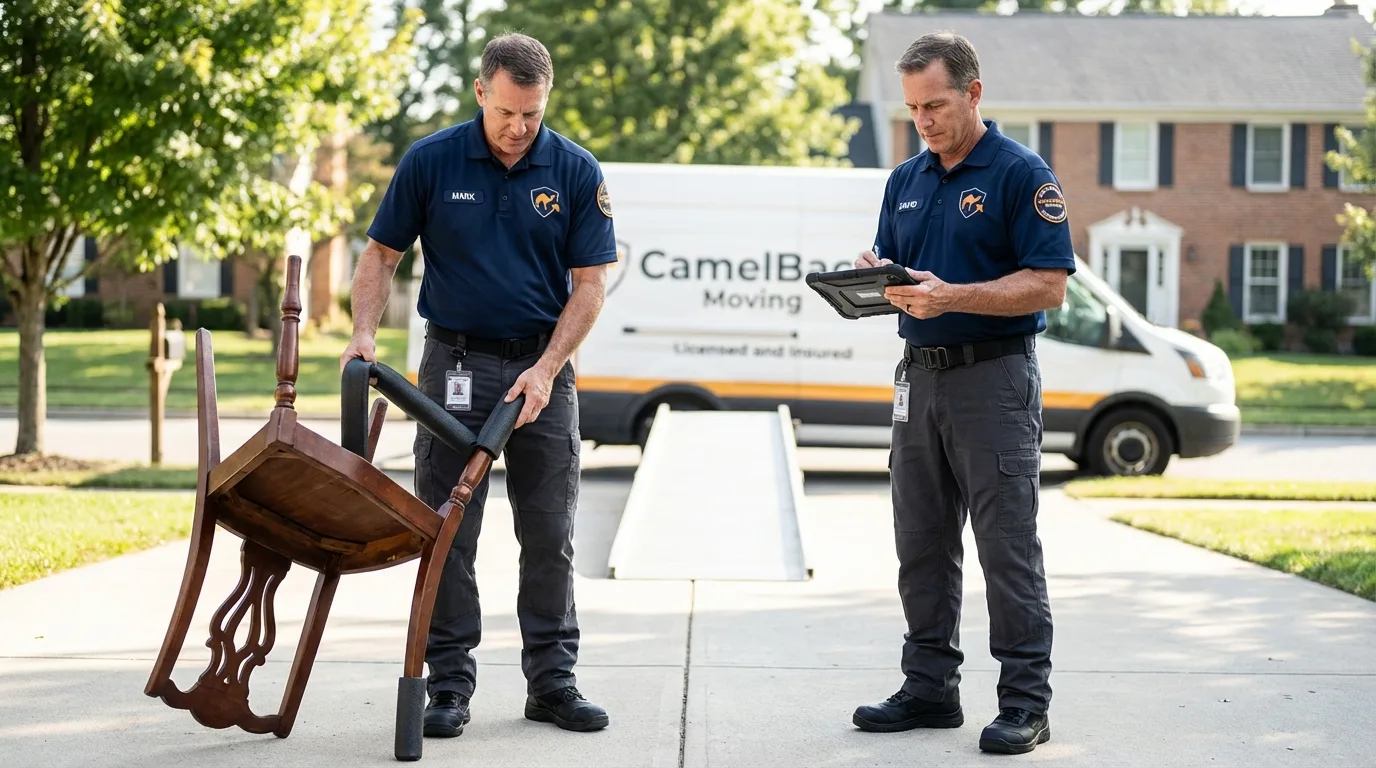 Movers inspecting furniture for damage prevention before loading in Niagara, WI
