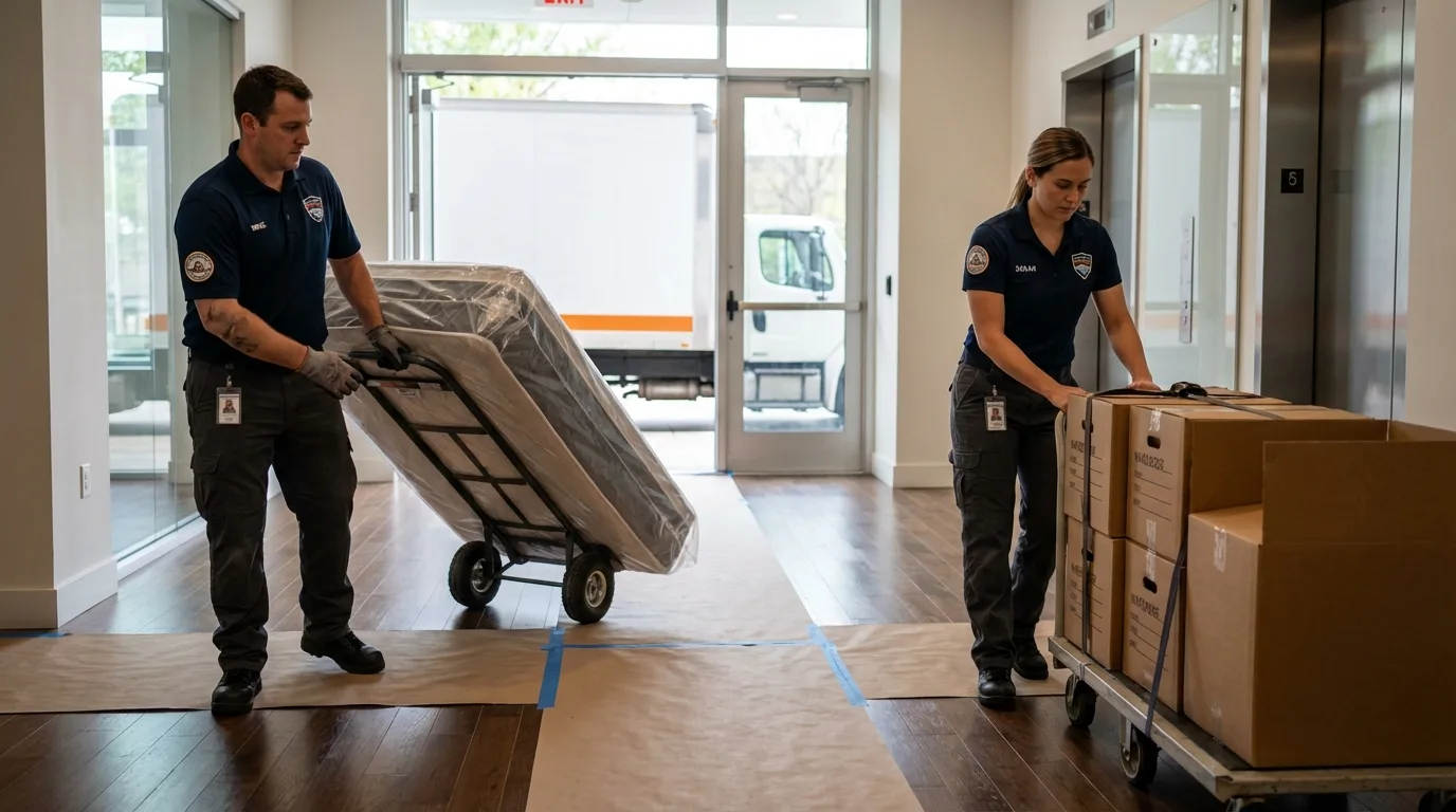 Professional apartment movers loading elevator in Niagara, WI