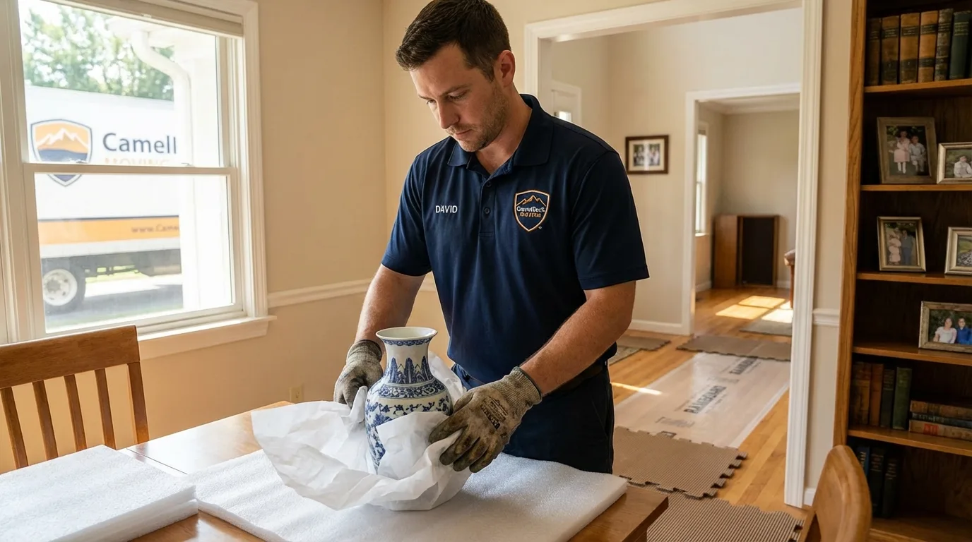 Professional crew carefully wrapping antique vase for senior downsizing move in Niagara, WI