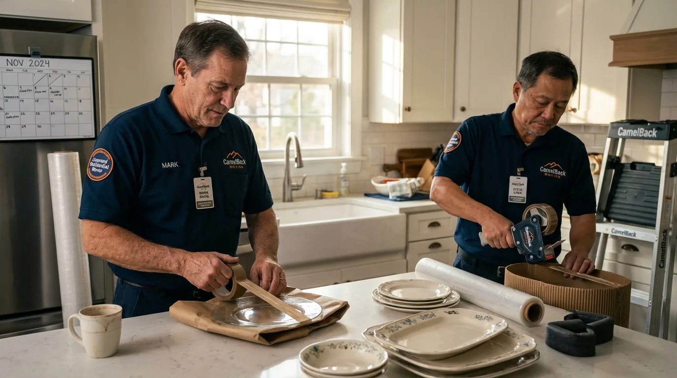 Professional crew packing kitchen dishware in Niagara, WI